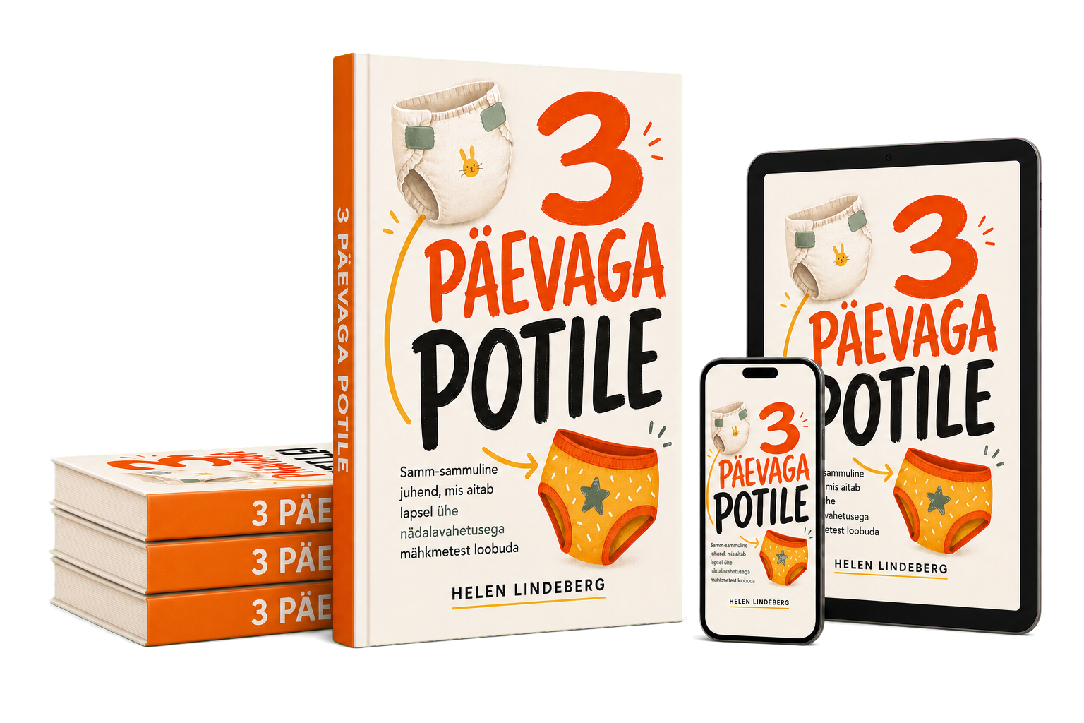 „3 päevaga potile” raamat, tahvelarvutis ja telefonis